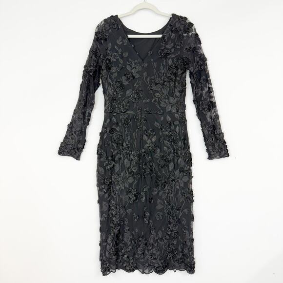 Aqua Long Sleeve Embroidered 3D Floral Applique Dress Black Sheath Women's 12 - Picture 7 of 14